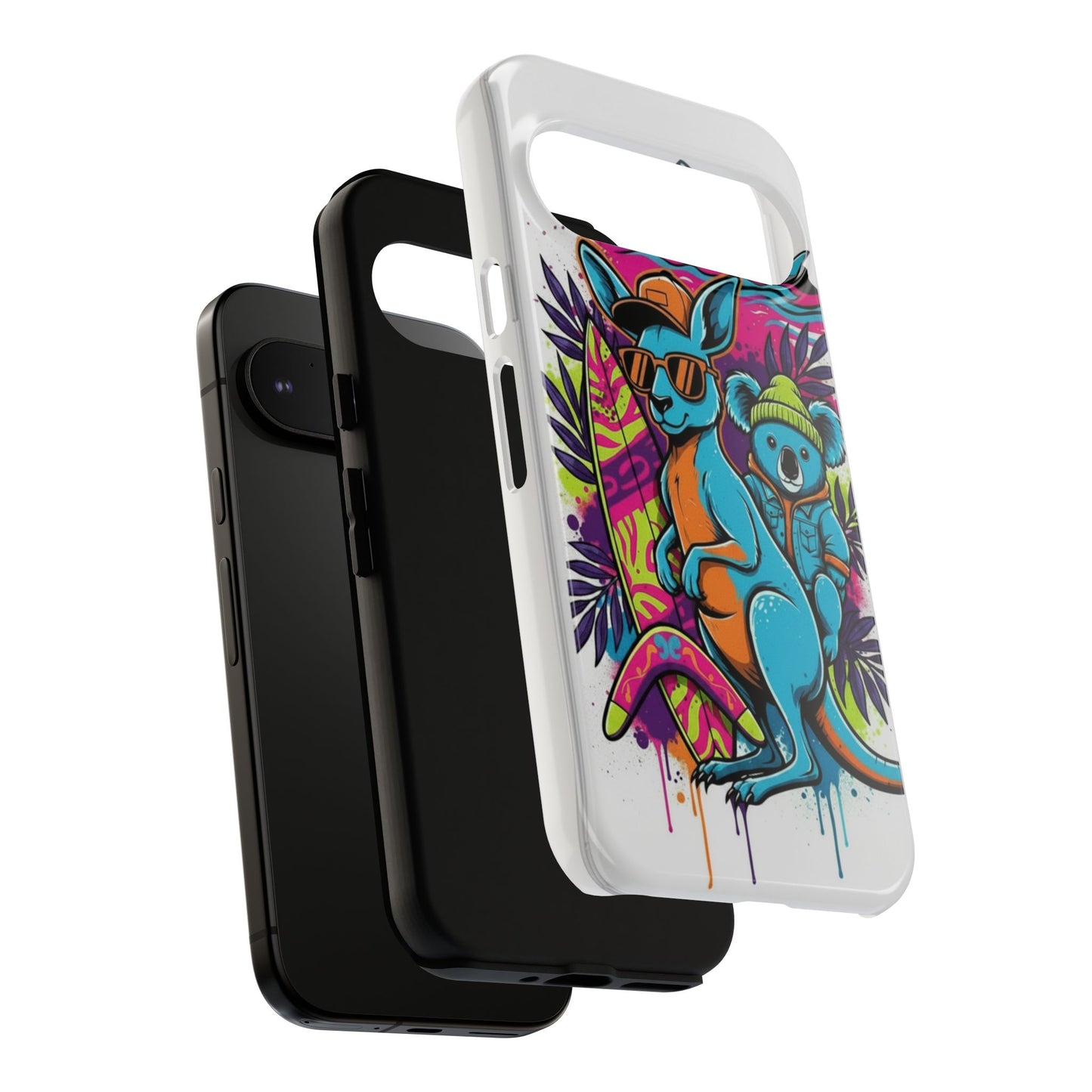 Kangaroo & Koala Surf Phone Case — Retro Neon Beach Art Tough Case