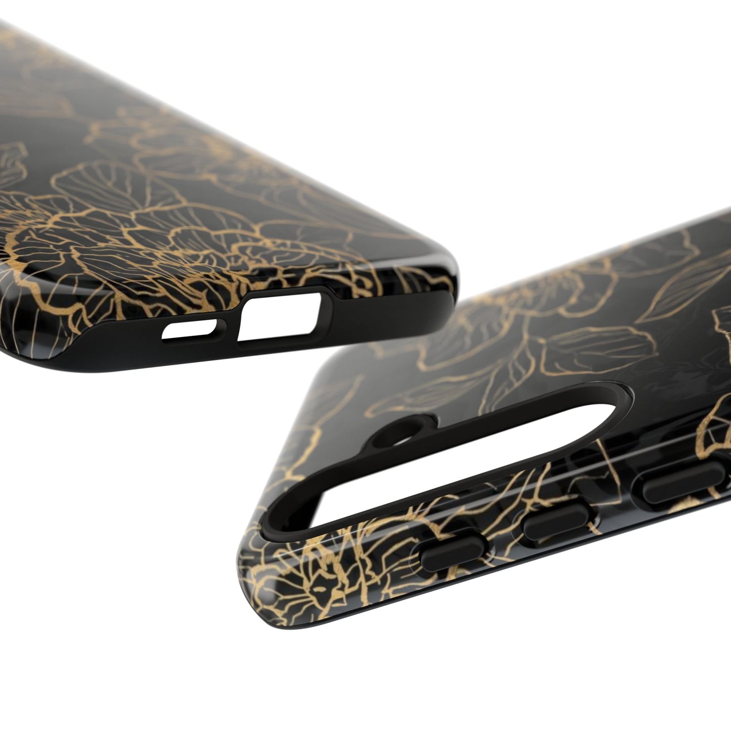 Floral Gold Outline Tough Phone Case – Black Botanical Protective Cover