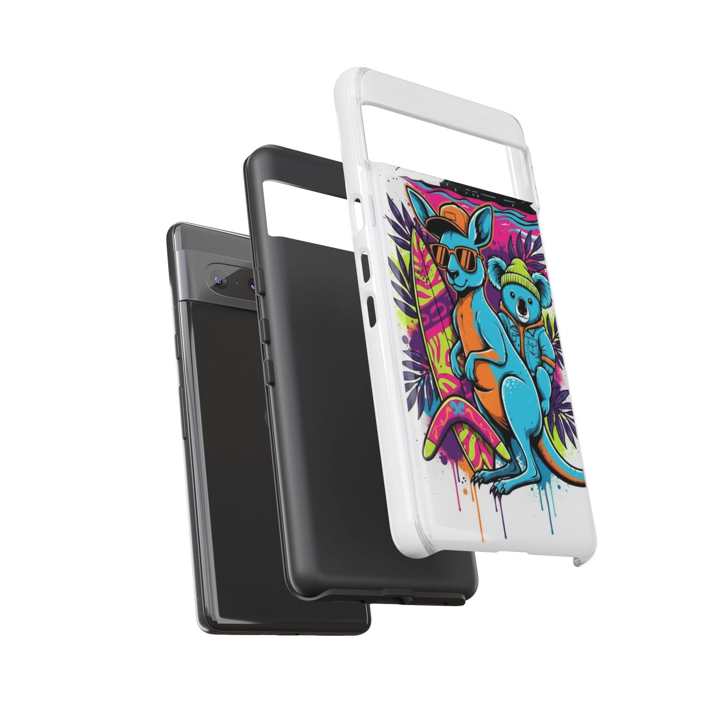 Kangaroo & Koala Surf Phone Case — Retro Neon Beach Art Tough Case