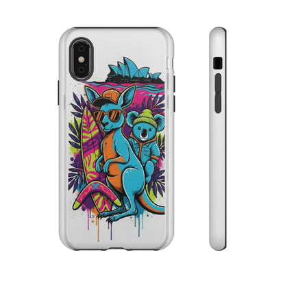 Kangaroo & Koala Surf Phone Case — Retro Neon Beach Art Tough Case