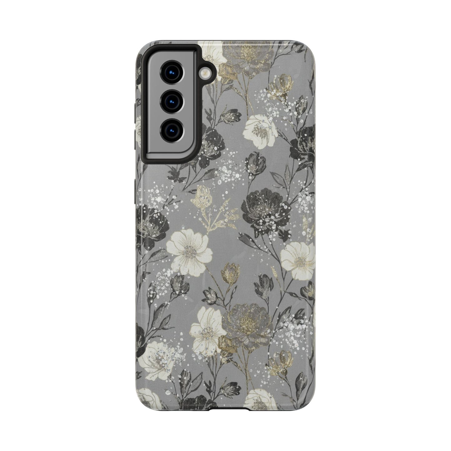 Floral Gray Tough Phone Case — Elegant Protective Phone Cover with Gold Accent