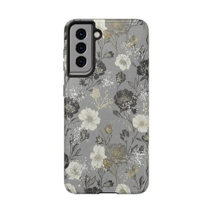 Floral Gray Tough Phone Case — Elegant Protective Phone Cover with Gold Accent