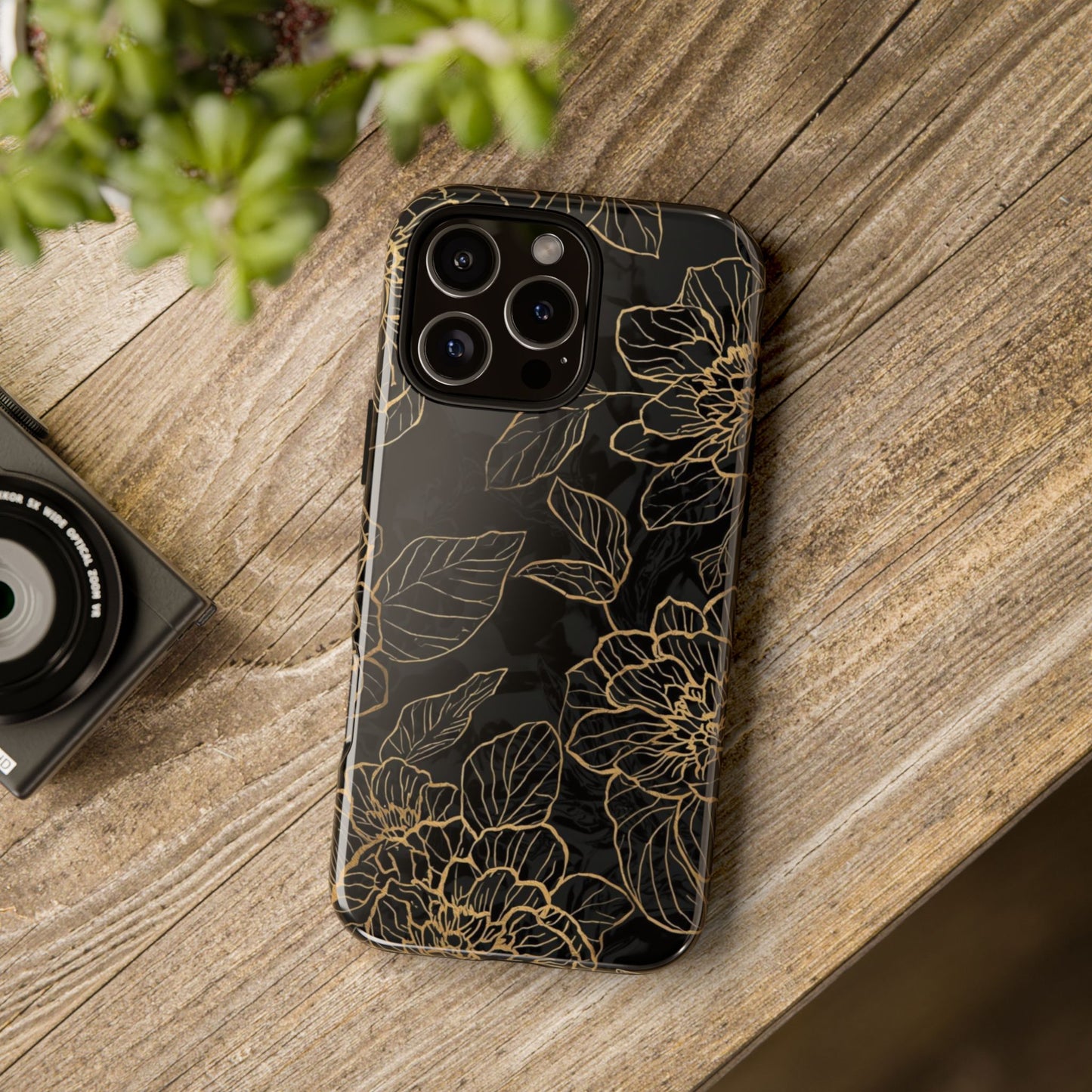 Floral Gold Outline Tough Phone Case – Black Botanical Protective Cover