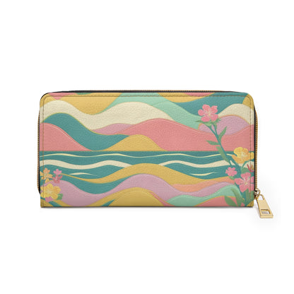 Zipper Wallet — Pastel Wave Floral Zip Wallet, Retro Sunrise Pattern