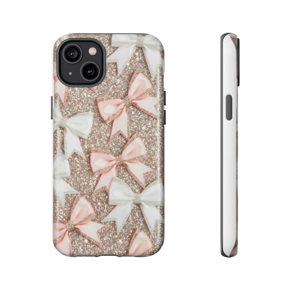 Glitter Bow Tough Phone Case — Pink & White Ribbon Protective Cover