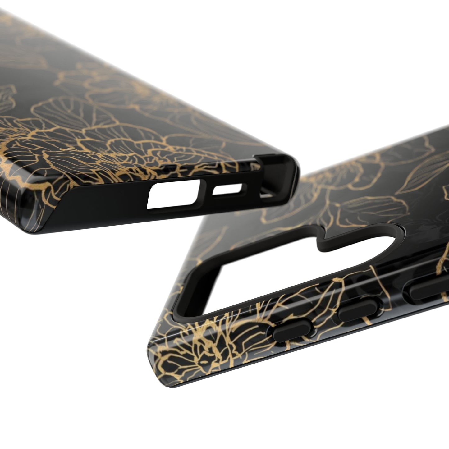 Floral Gold Outline Tough Phone Case – Black Botanical Protective Cover