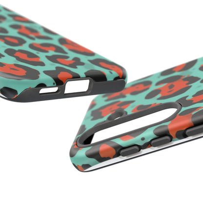 Leopard Print Tough Phone Case — Teal & Rust Protective iPhone Cover