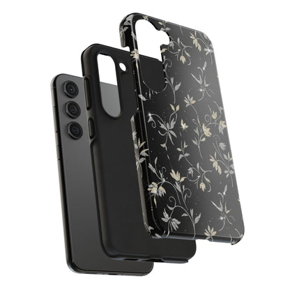 Floral Noir Tough Phone Case — Vintage Black Botanical Protective Cover