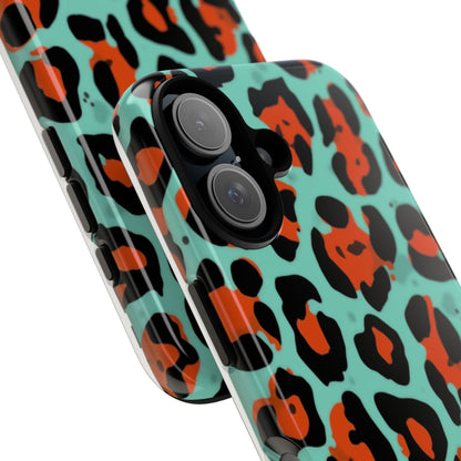 Leopard Print Tough Phone Case — Teal & Rust Protective iPhone Cover