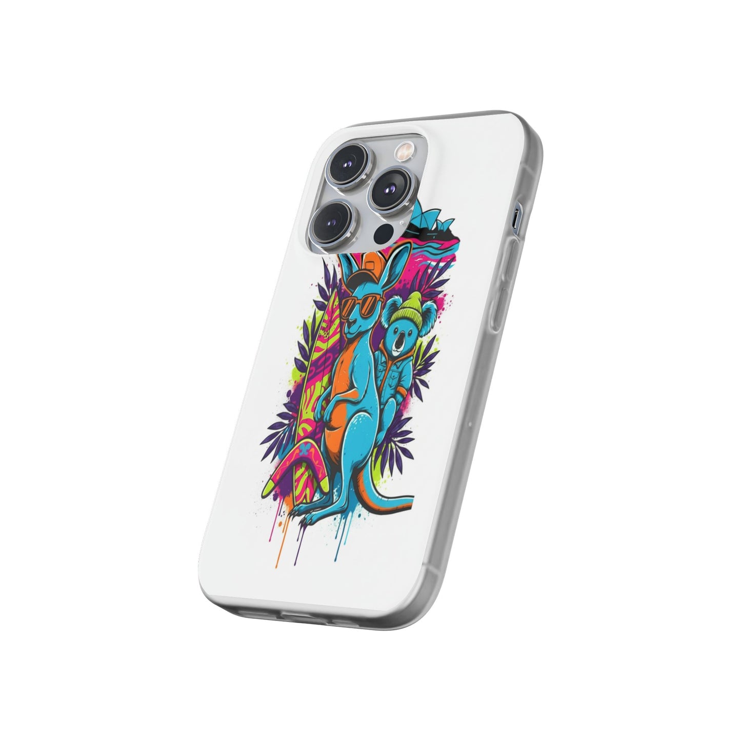 Kangaroo & Koala Surf Phone Case — Neon Aussie Beach Vibes Flexible Case