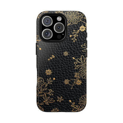 Floral Gold Foil Leather Texture Tough Phone Case