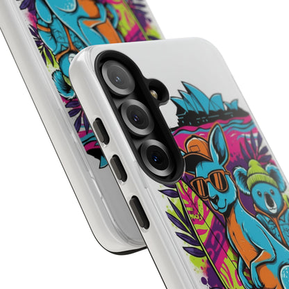 Kangaroo & Koala Surf Phone Case — Retro Neon Beach Art Tough Case