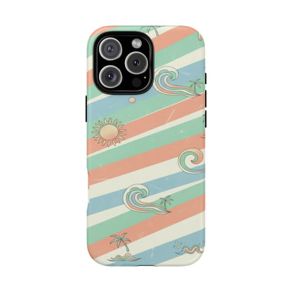 Beach Waves Tough Phone Case — Retro Surf Stripes, Palm & Sun Protective Cover