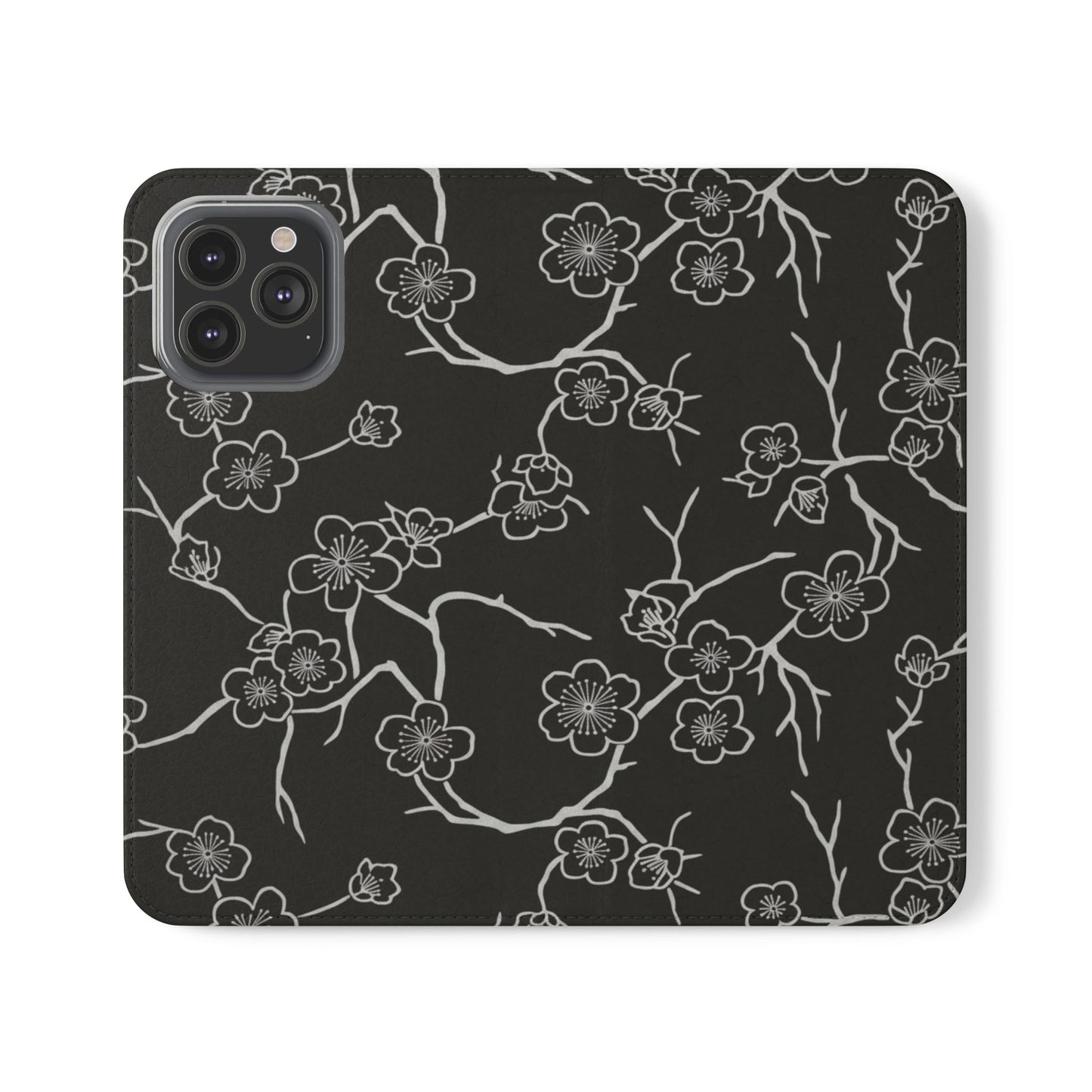 Black Cherry Blossom Flip Phone Case – Floral Wallet Flip Case with Card Slots