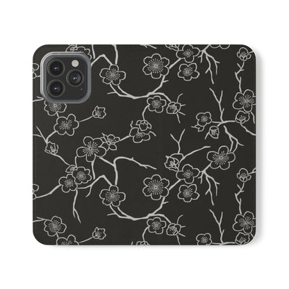 Black Cherry Blossom Flip Phone Case – Floral Wallet Flip Case with Card Slots