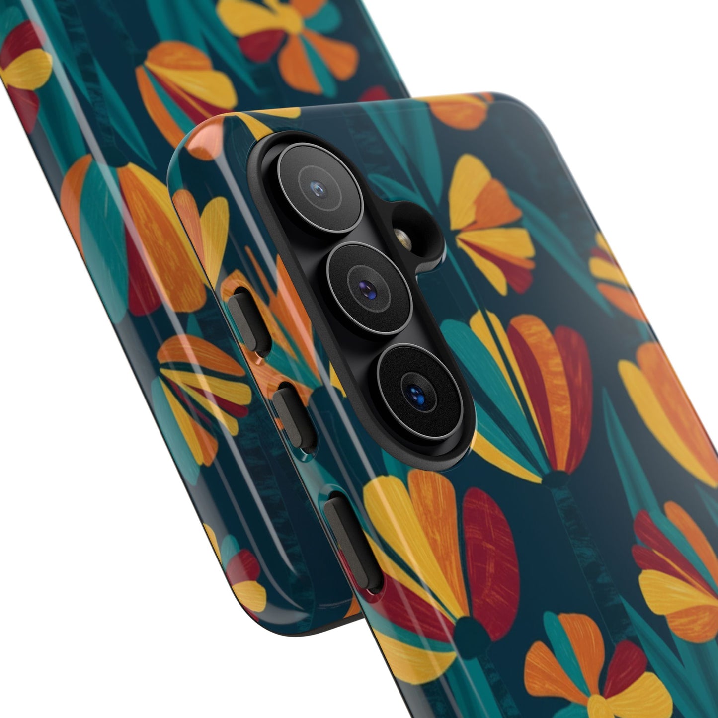 Floral Retro Teal Tough Phone Case — Vibrant Orange & Mustard Blooms