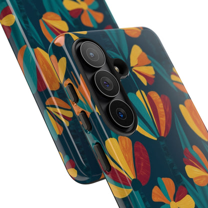 Floral Retro Teal Tough Phone Case — Vibrant Orange & Mustard Blooms