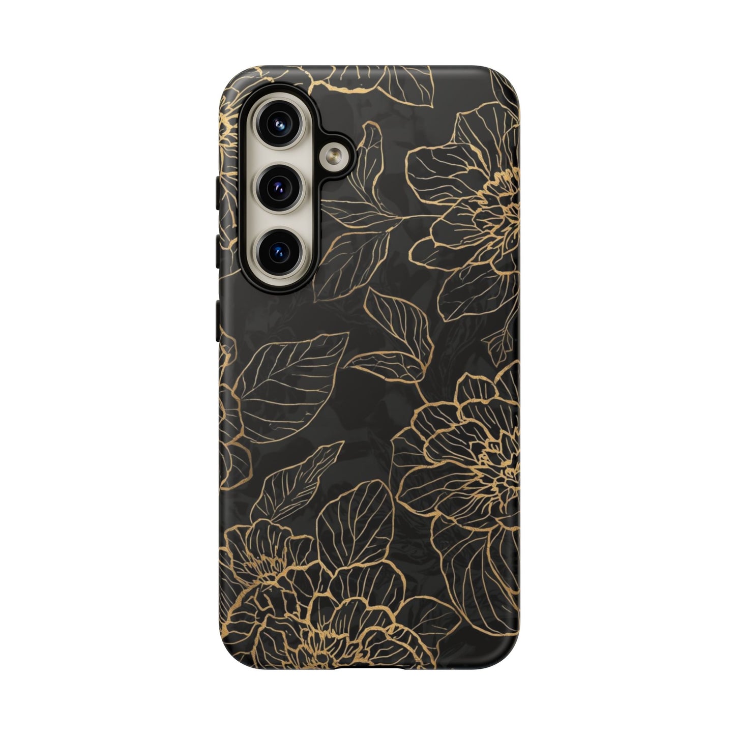 Floral Gold Outline Tough Phone Case – Black Botanical Protective Cover