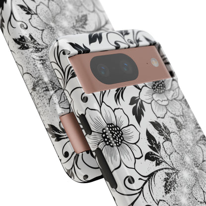 Floral Lace Phone Case — Black & White Vintage Flower Protective Case