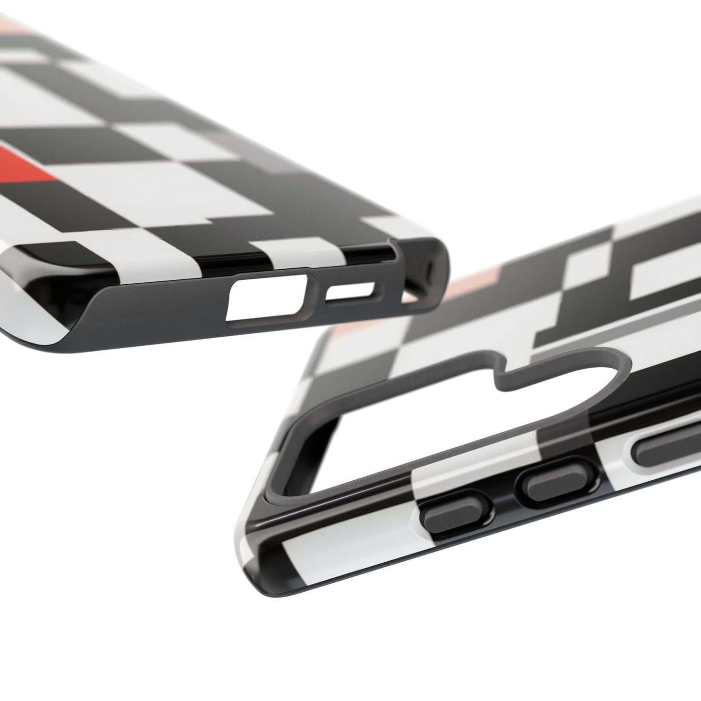Abstract Geometric Phone Case – Black & White Checker Grid with Red Accent