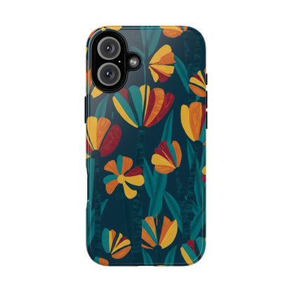 Floral Retro Teal Tough Phone Case — Vibrant Orange & Mustard Blooms