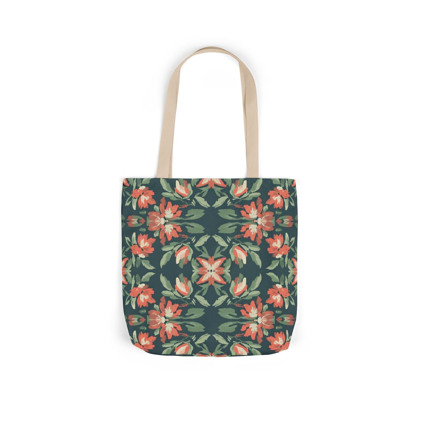 Floral Kaleidoscope Canvas Tote Bag — Green & Coral Patterned Market Tote