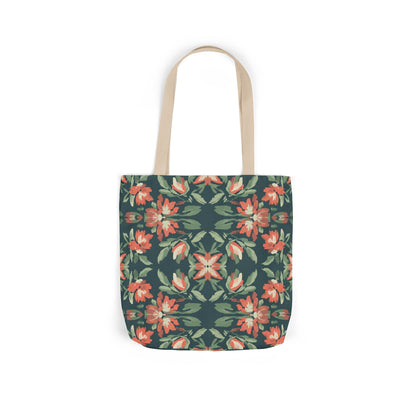 Floral Kaleidoscope Canvas Tote Bag — Green & Coral Patterned Market Tote