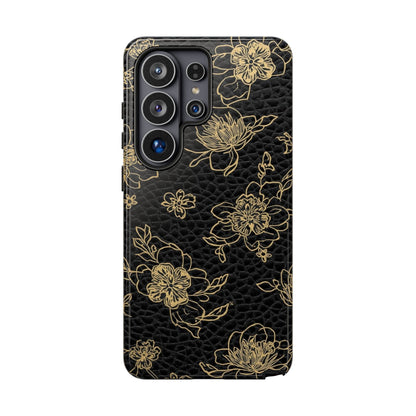 Floral Leather Phone Case — Gold Outline Flowers on Black Tough Case