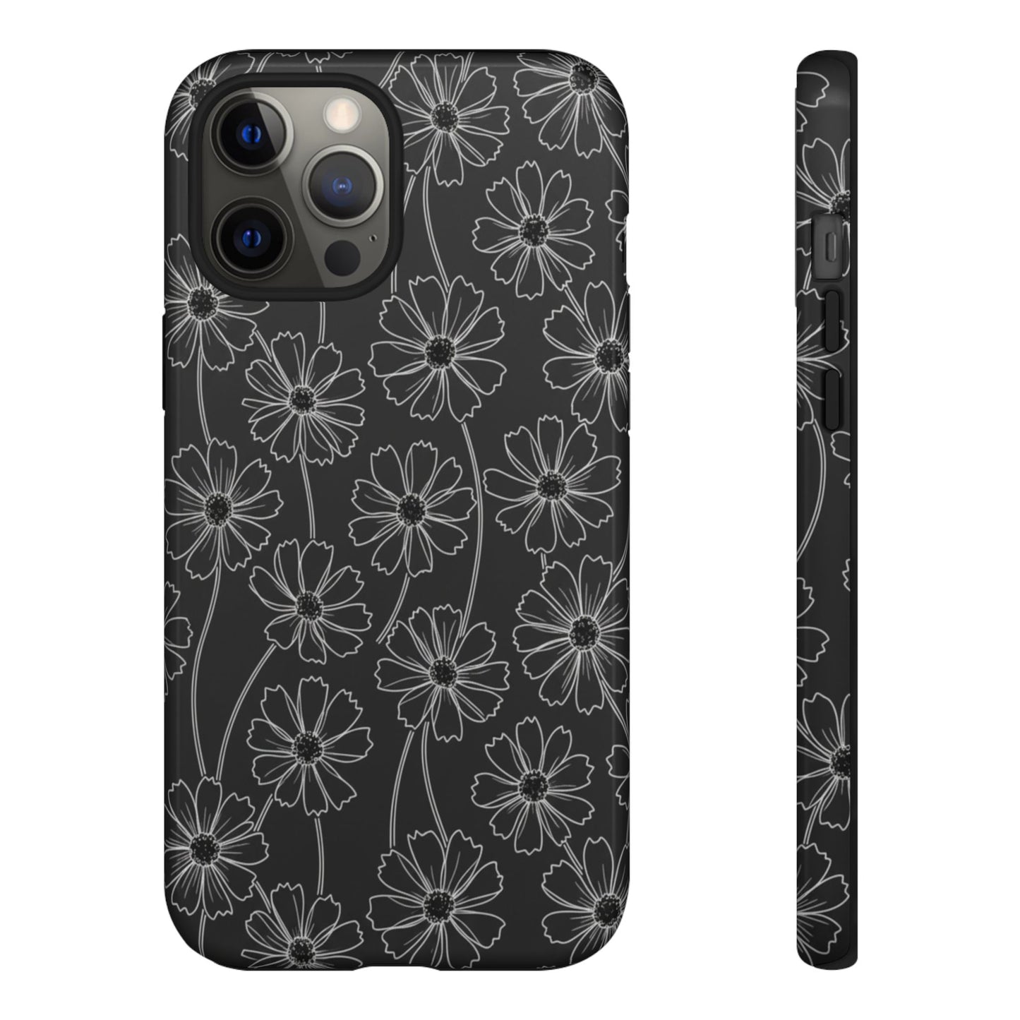 Floral Doodle Tough Phone Case — Black & Gray Daisy Pattern