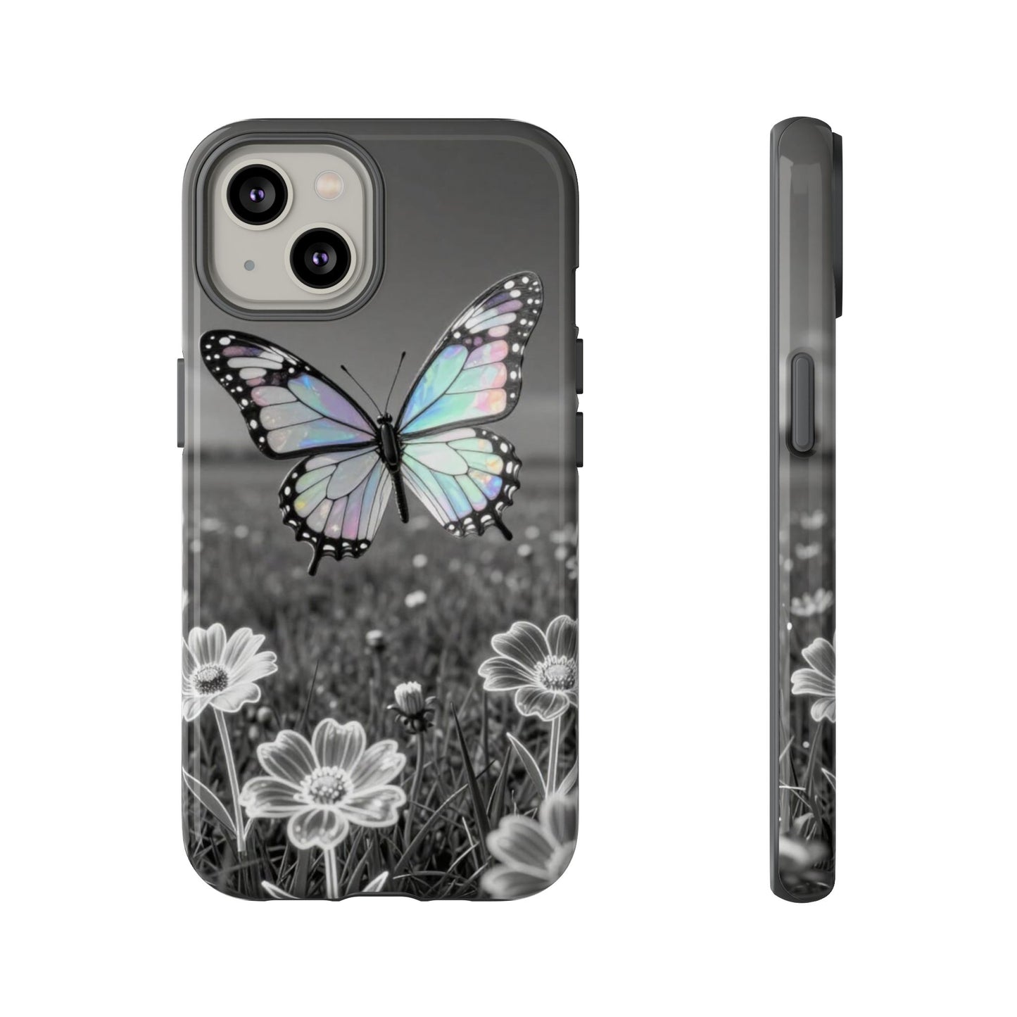 Butterfly Field Tough Phone Case — Pastel Holographic Butterfly on Black & White Floral Background