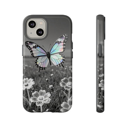 Butterfly Field Tough Phone Case — Pastel Holographic Butterfly on Black & White Floral Background