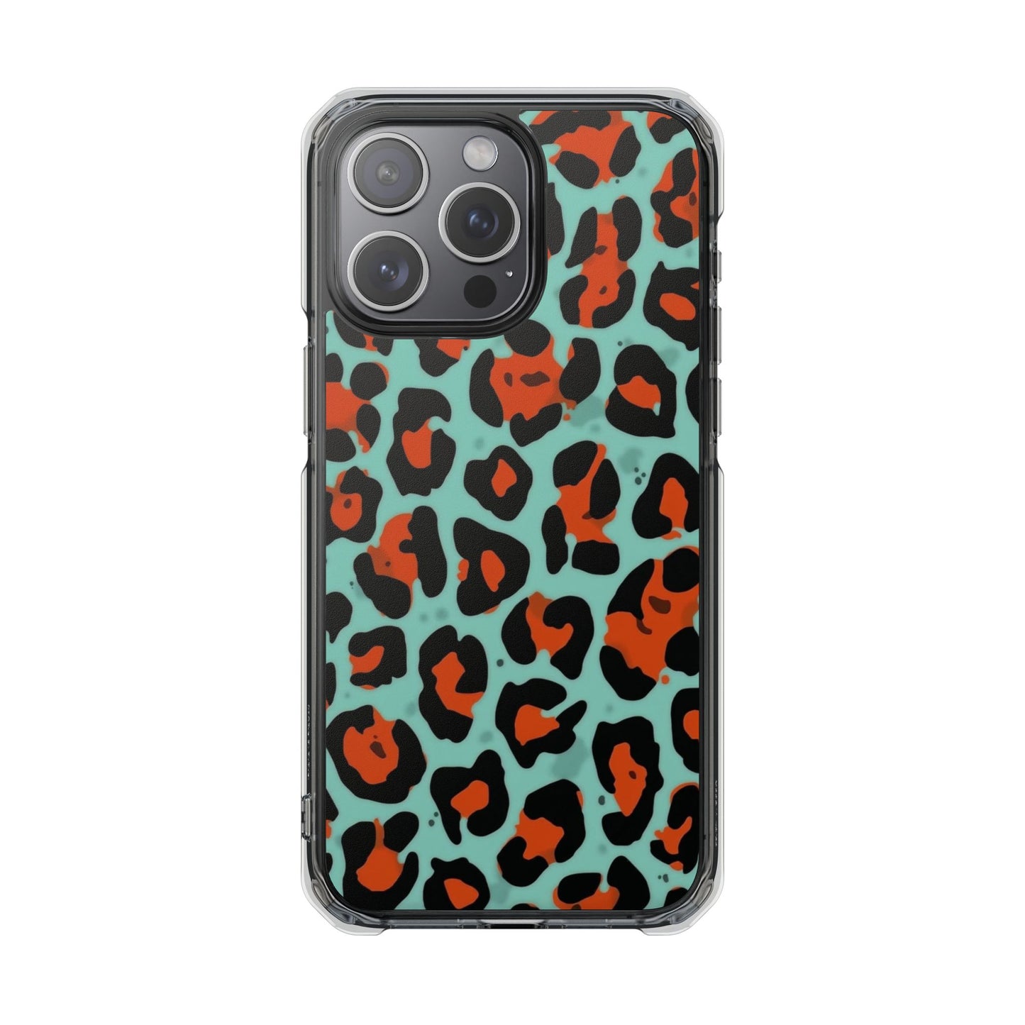 Clear Magnetic Phone Case — Teal & Rust Leopard Print