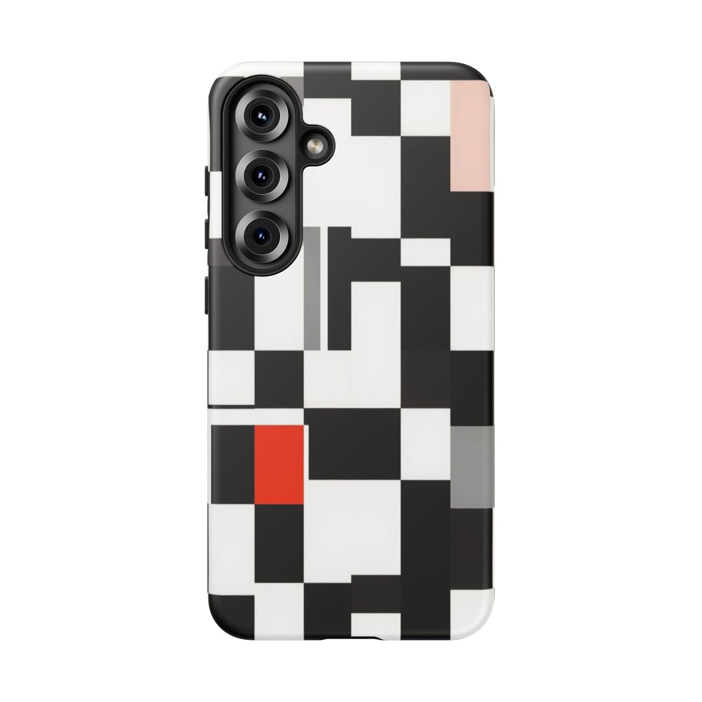 Abstract Geometric Phone Case – Black & White Checker Grid with Red Accent
