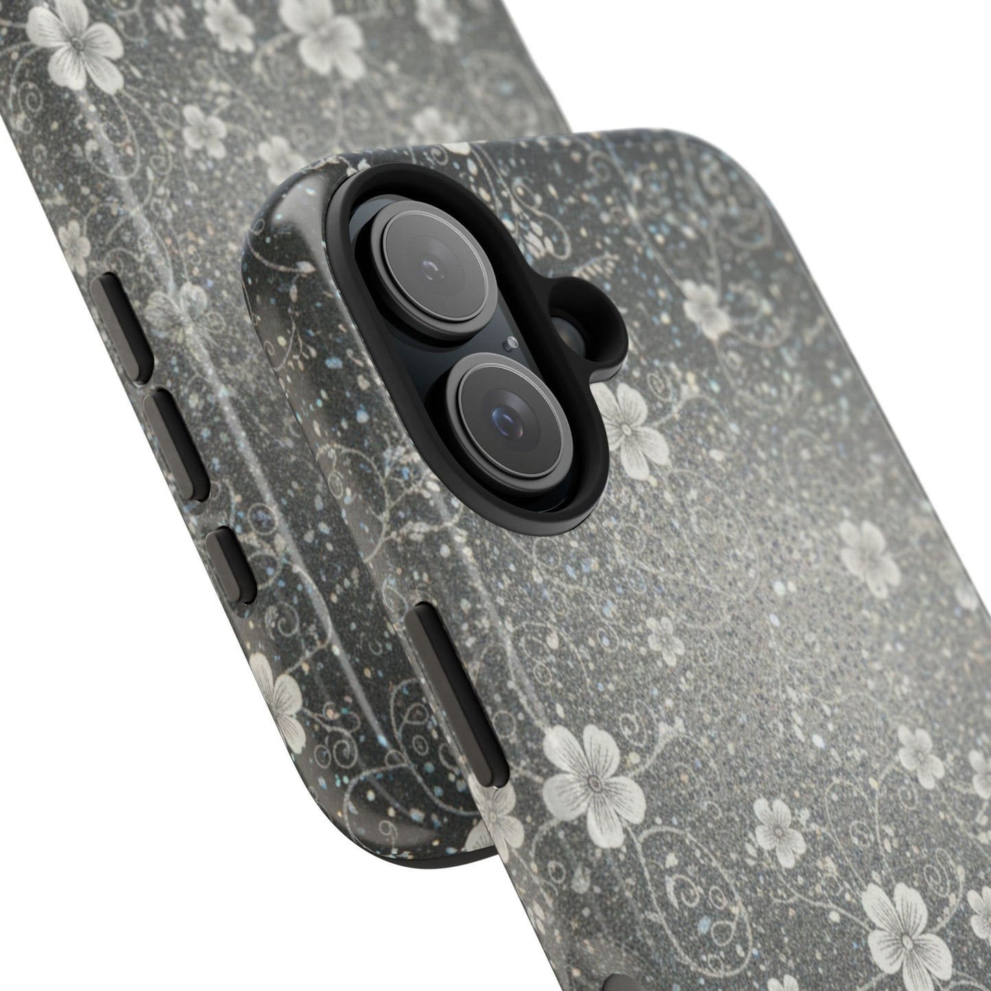 Floral Sparkle Tough Phone Case — Black & Silver Vintage Blossom