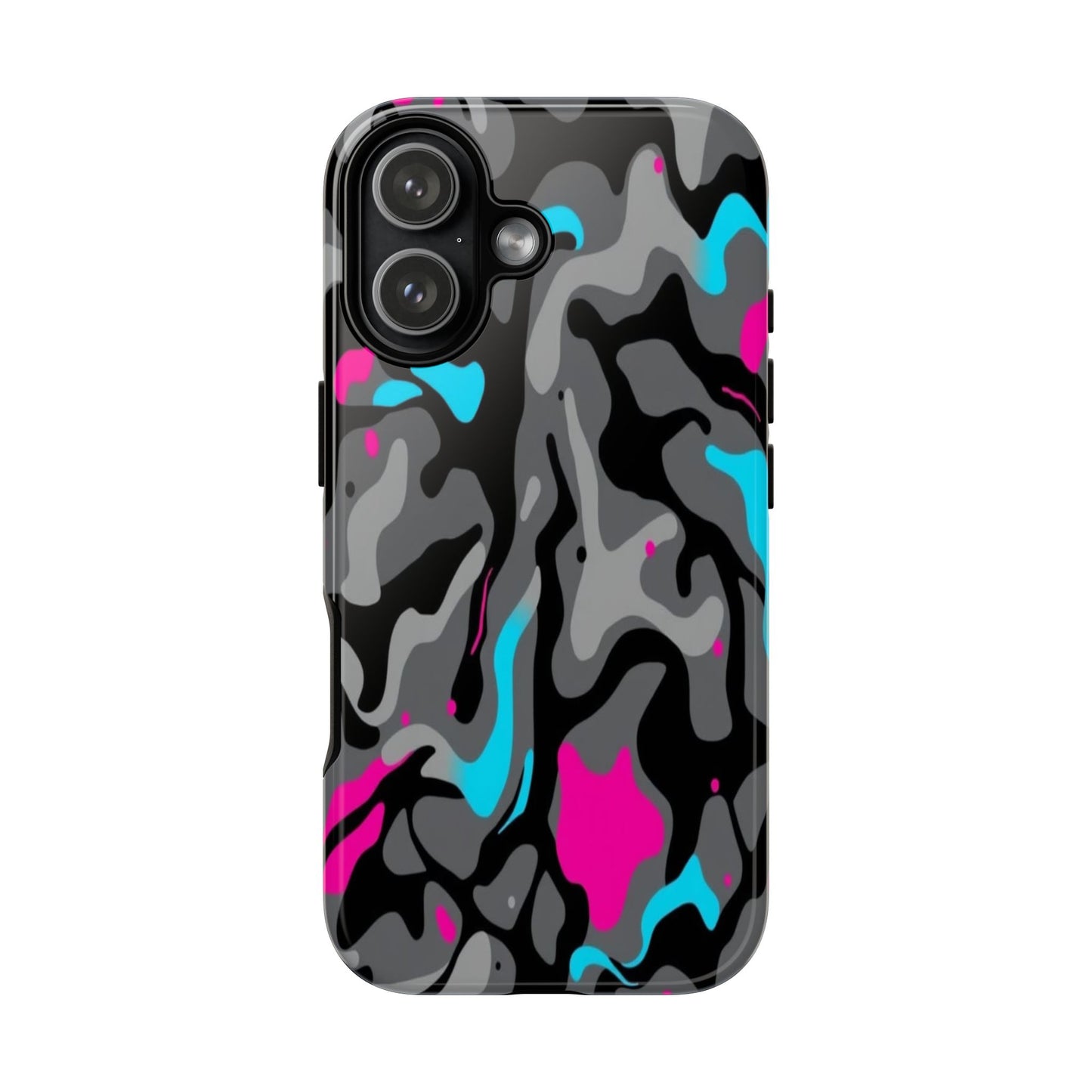 Camouflage Phone Case — Gray Camo with Neon Pink & Cyan Accent Tough Protective Cover