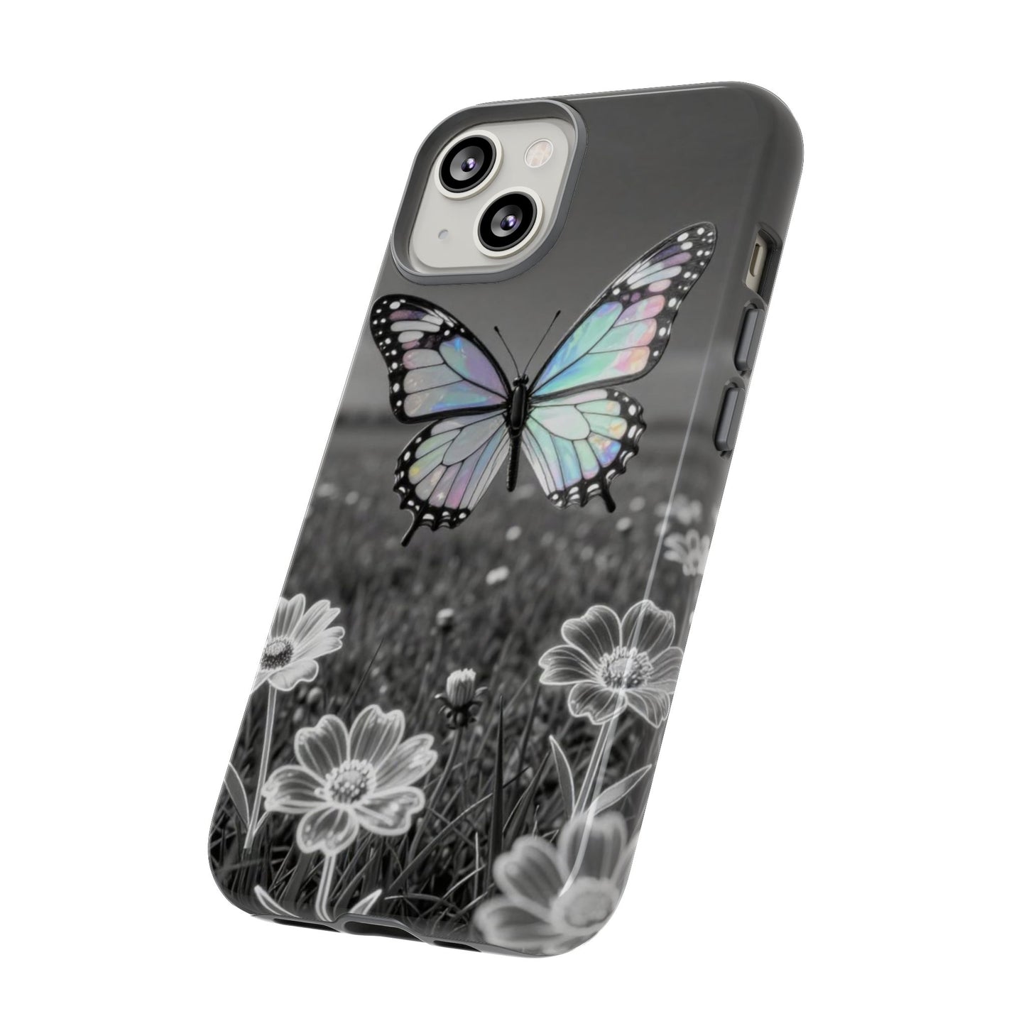 Butterfly Field Tough Phone Case — Pastel Holographic Butterfly on Black & White Floral Background