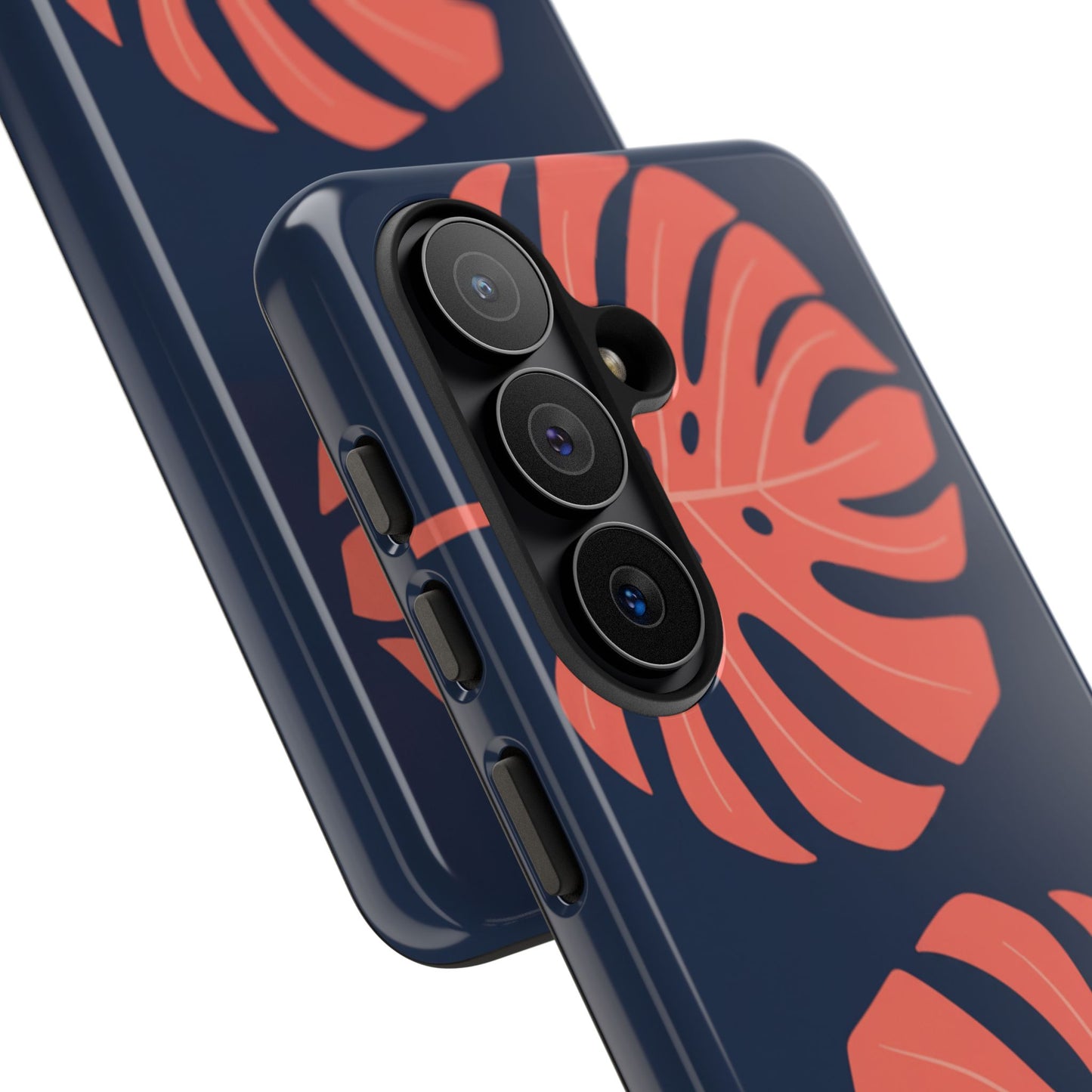 Monstera Leaf Tough Phone Case — Coral Leaves on Navy Protective Cover