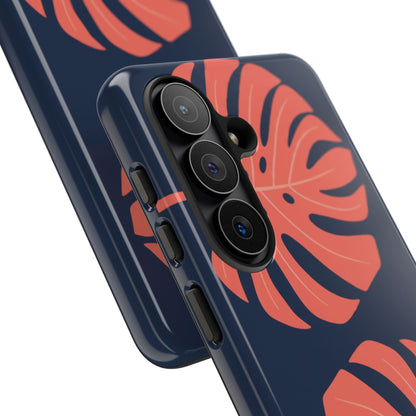 Monstera Leaf Tough Phone Case — Coral Leaves on Navy Protective Cover