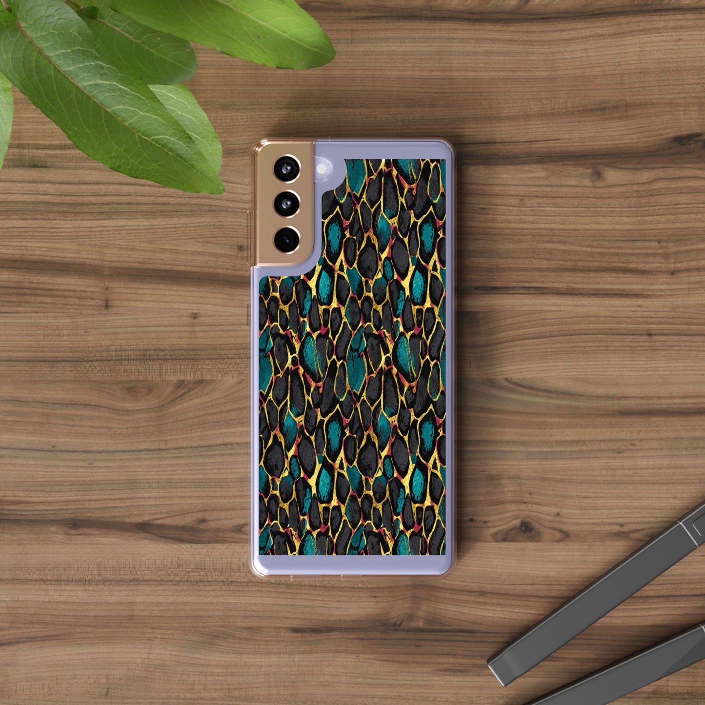 Teal Gold Leopard Clear Phone Case