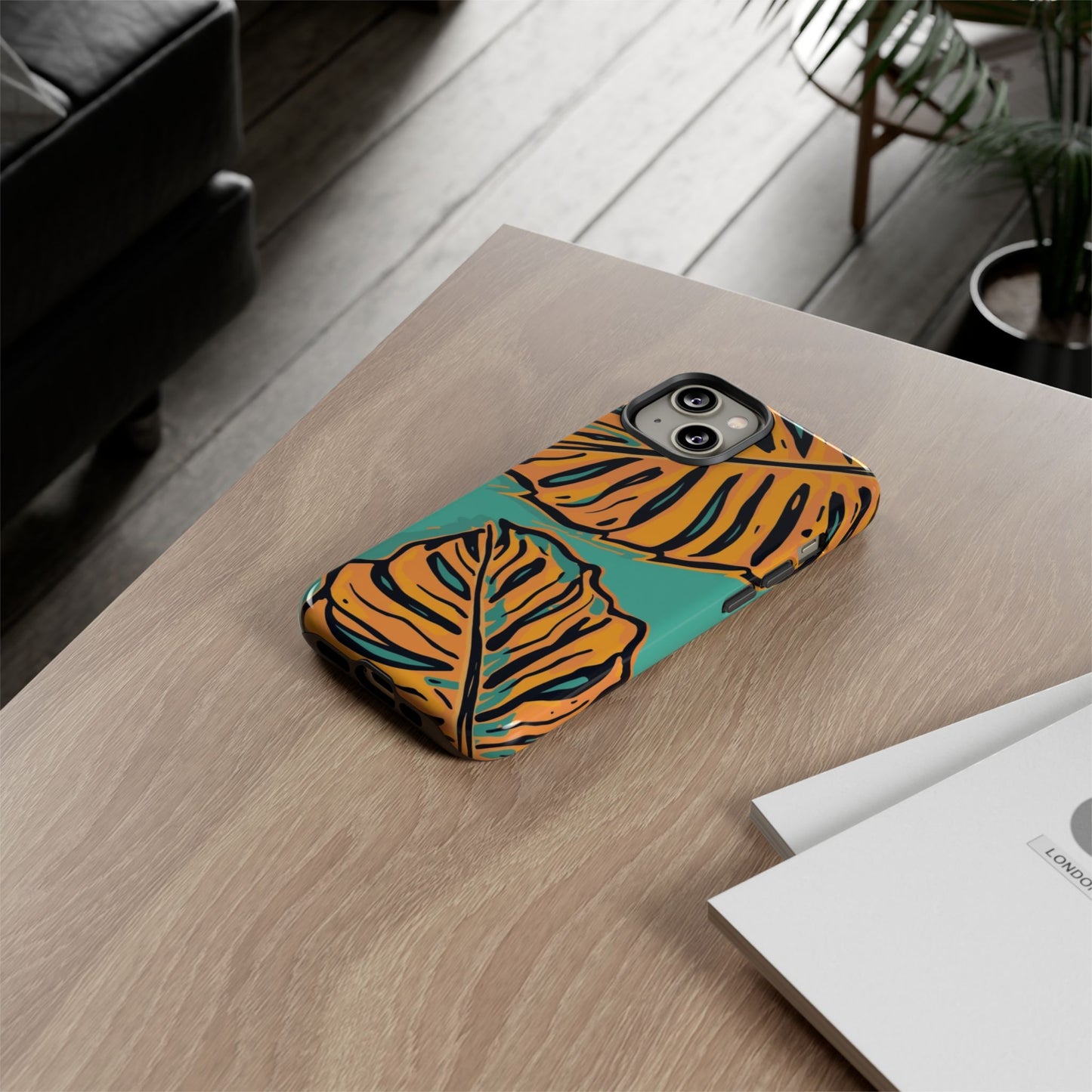 Tropical Leaf Tough Phone Case — Orange Monstera Design on Teal