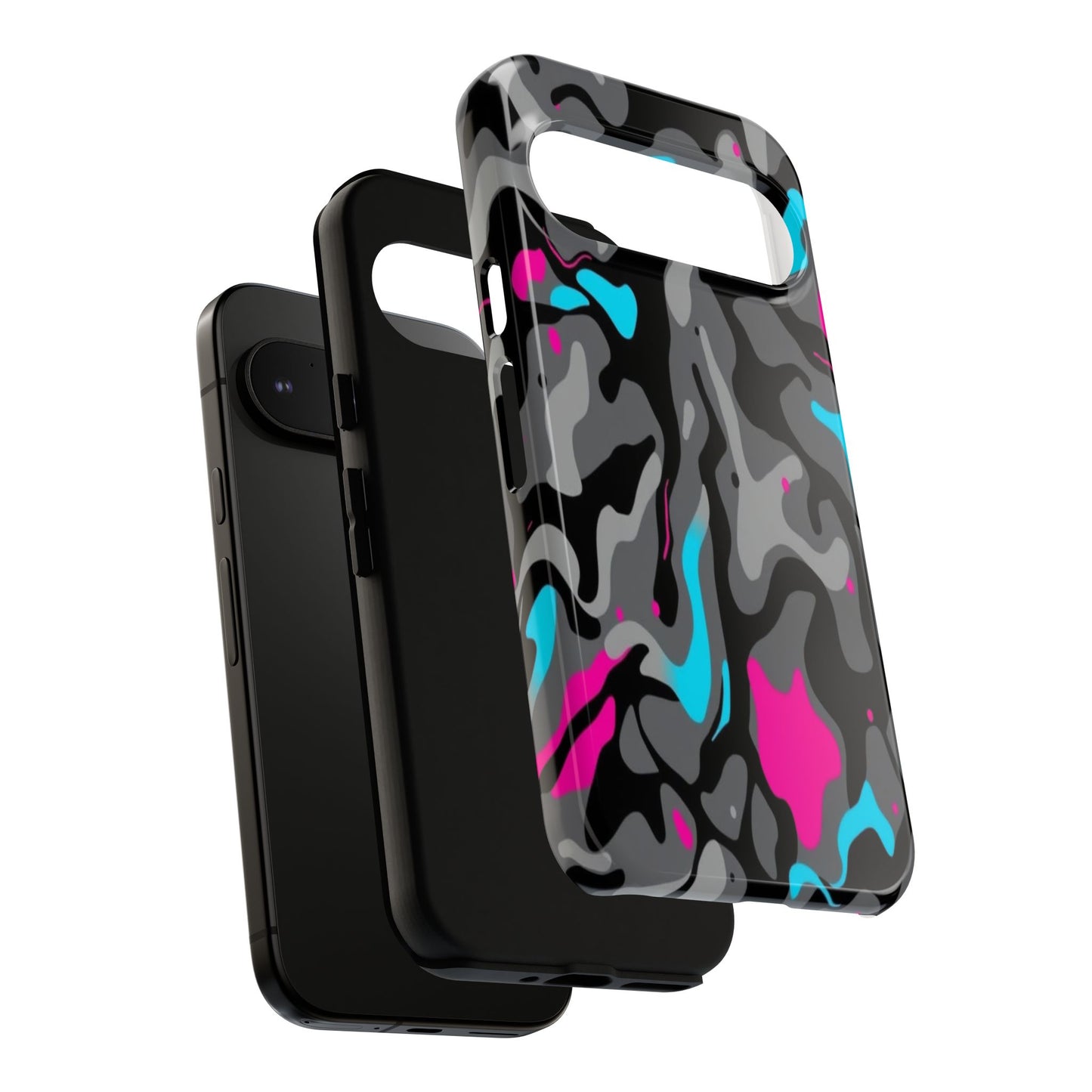 Camouflage Phone Case — Gray Camo with Neon Pink & Cyan Accent Tough Protective Cover
