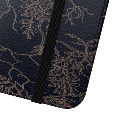 Botanical Noir Flip Phone Case — Dark Floral Wallet Cover with Card Slots