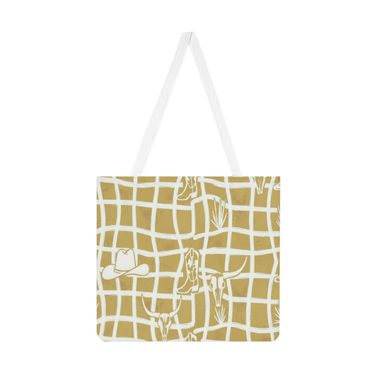 Cowboy Western Pattern Shoulder Tote Bag — Beige Ranch Grid Design