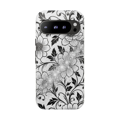 Floral Lace Phone Case — Black & White Vintage Flower Protective Case