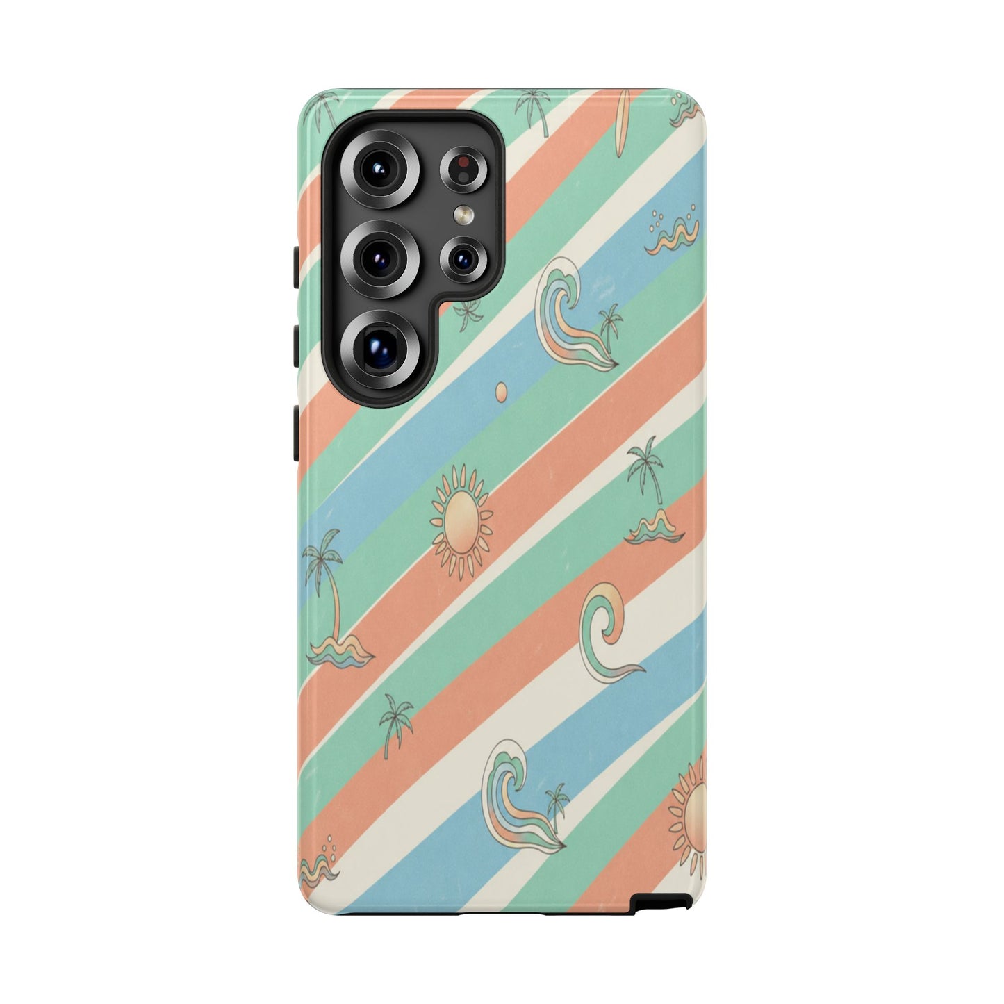 Retro Beach Stripes Phone Case — Sun, Waves & Palm Pattern Tough Case