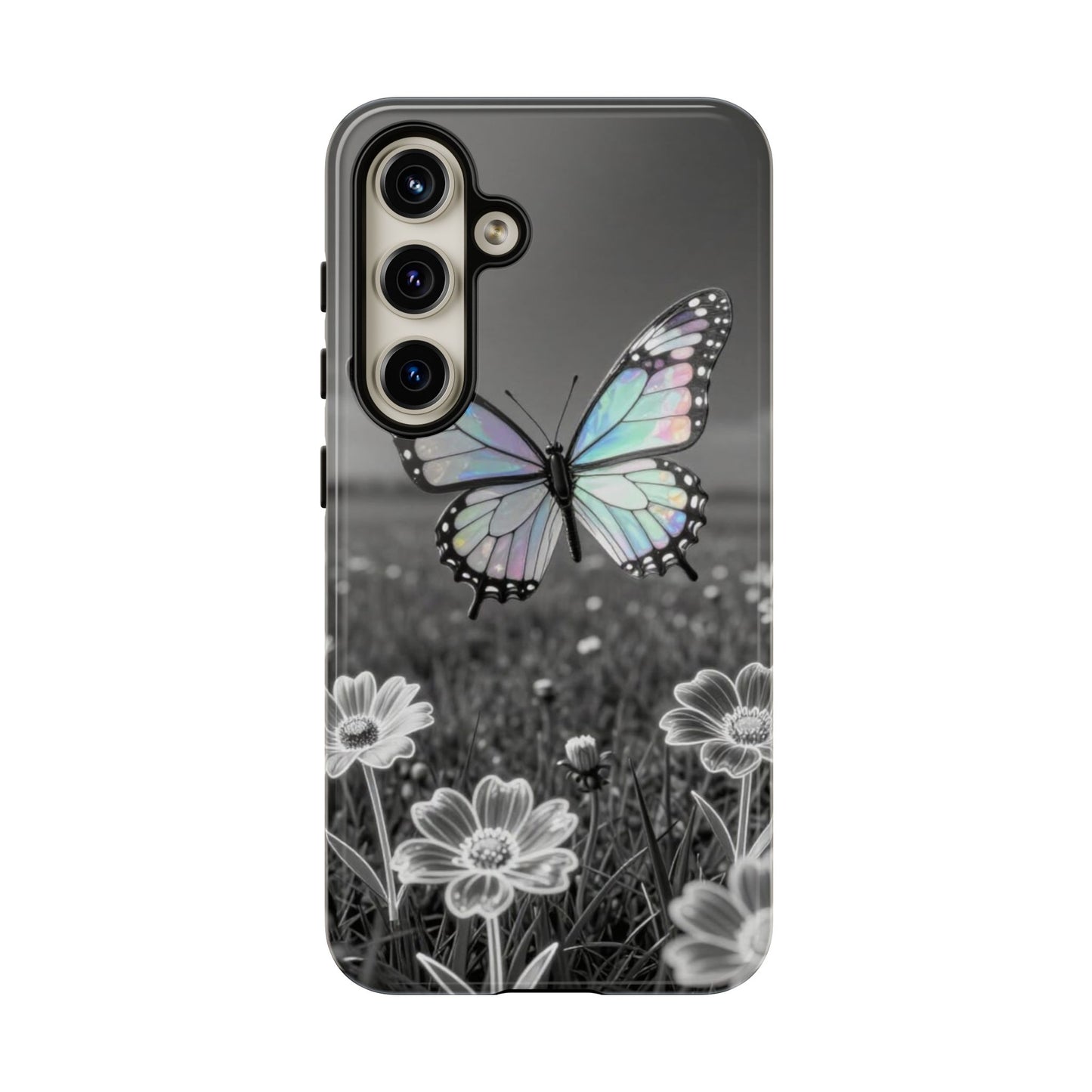 Butterfly Field Tough Phone Case — Pastel Holographic Butterfly on Black & White Floral Background