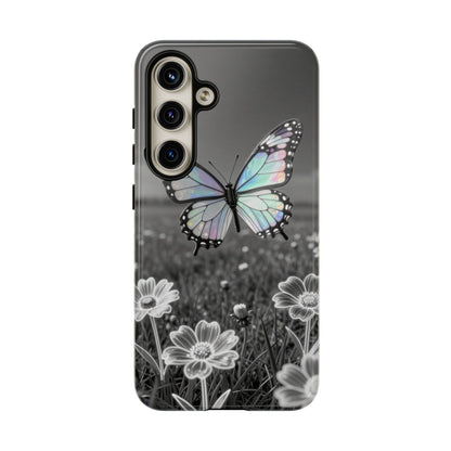 Butterfly Field Tough Phone Case — Pastel Holographic Butterfly on Black & White Floral Background