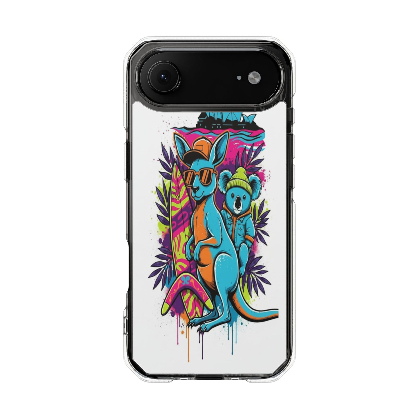 Clear Magnetic Phone Case — Colorful Surfing Kangaroo & Koala Art