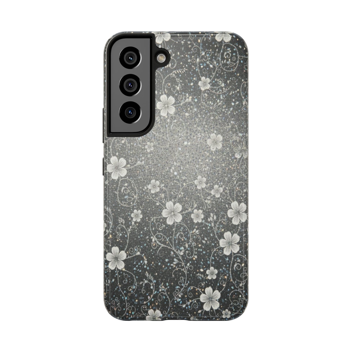 Floral Sparkle Tough Phone Case — Black & Silver Vintage Blossom