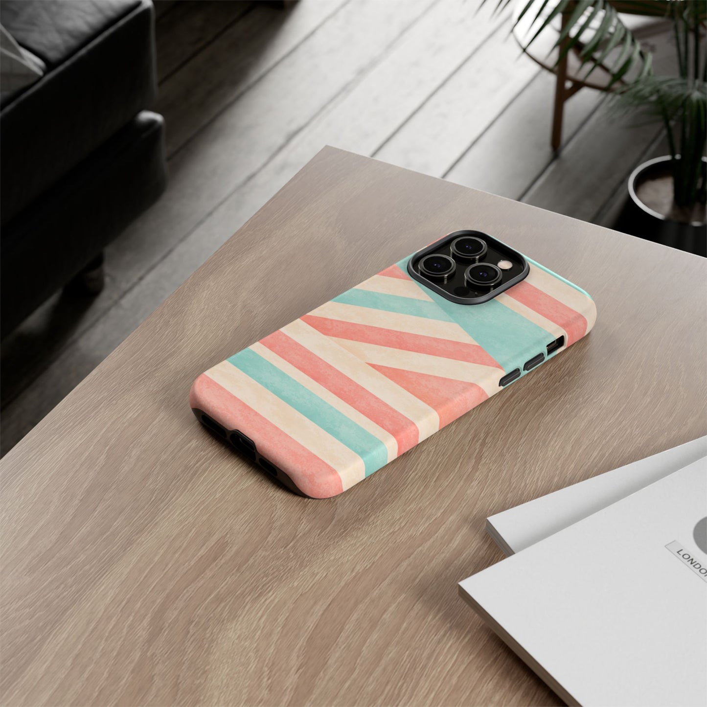 Pastel Stripes Tough Phone Case – Retro Coral & Teal Protective Cover
